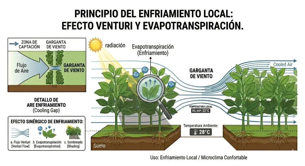 Diagrama de corredor de viento con efecto Venturi en diseño de paisajismo corporativo para climatización pasiva.