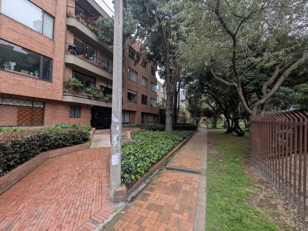 Fachada poniente de edificio corporativo sombreada por corredor de árboles como sistema de climatización pasiva.