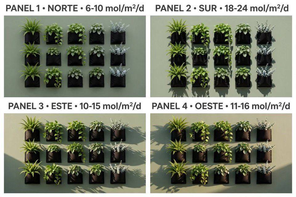 Comparacion de luz segun posicion del jardin vertical